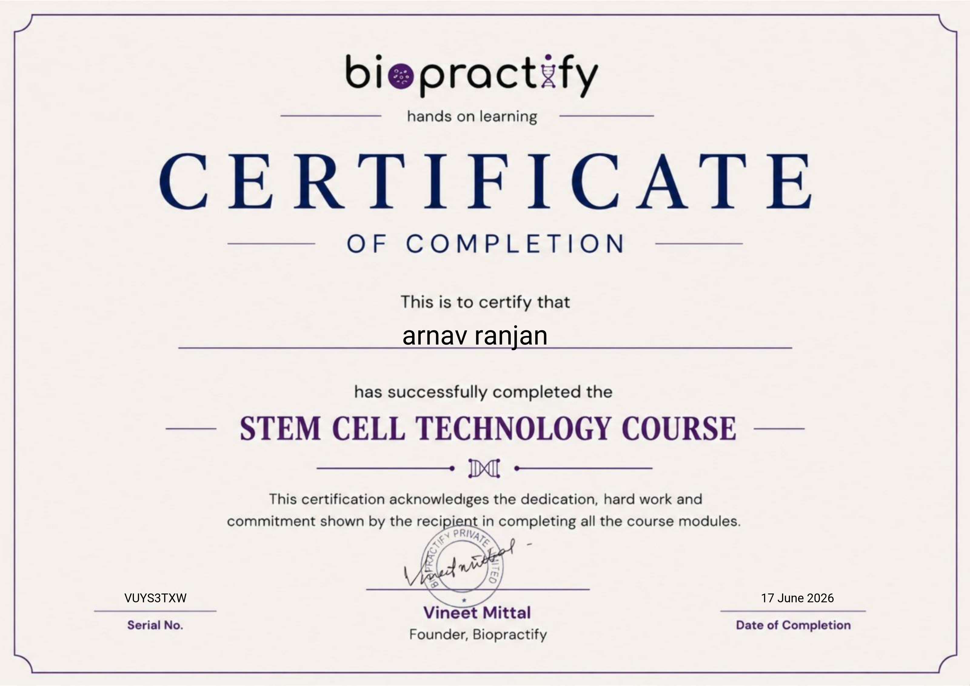 Biopractify Official Certificate